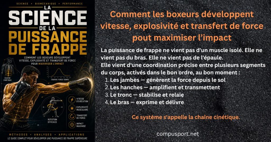 La puissance de frappe ne vient pas d'un muscle isolé. Elle ne vient pas du bras. Elle ne vient pas de l'épaule. Elle vient d'une coordination précise entre plusieurs segments du corps